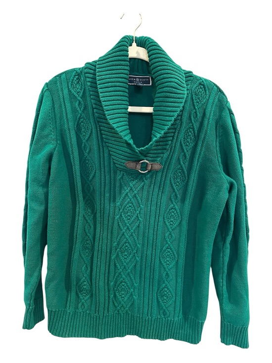 Karen Scott Sweaters - Karen Scott Green Cable Knit Shawl Collar Sweater Size 1X Cozy Buckle Accent